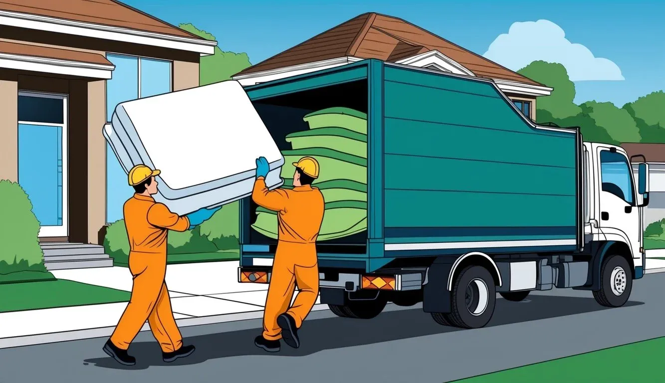 A professional removal service worker carrying a mattress out of a home and loading it onto a truck for disposal