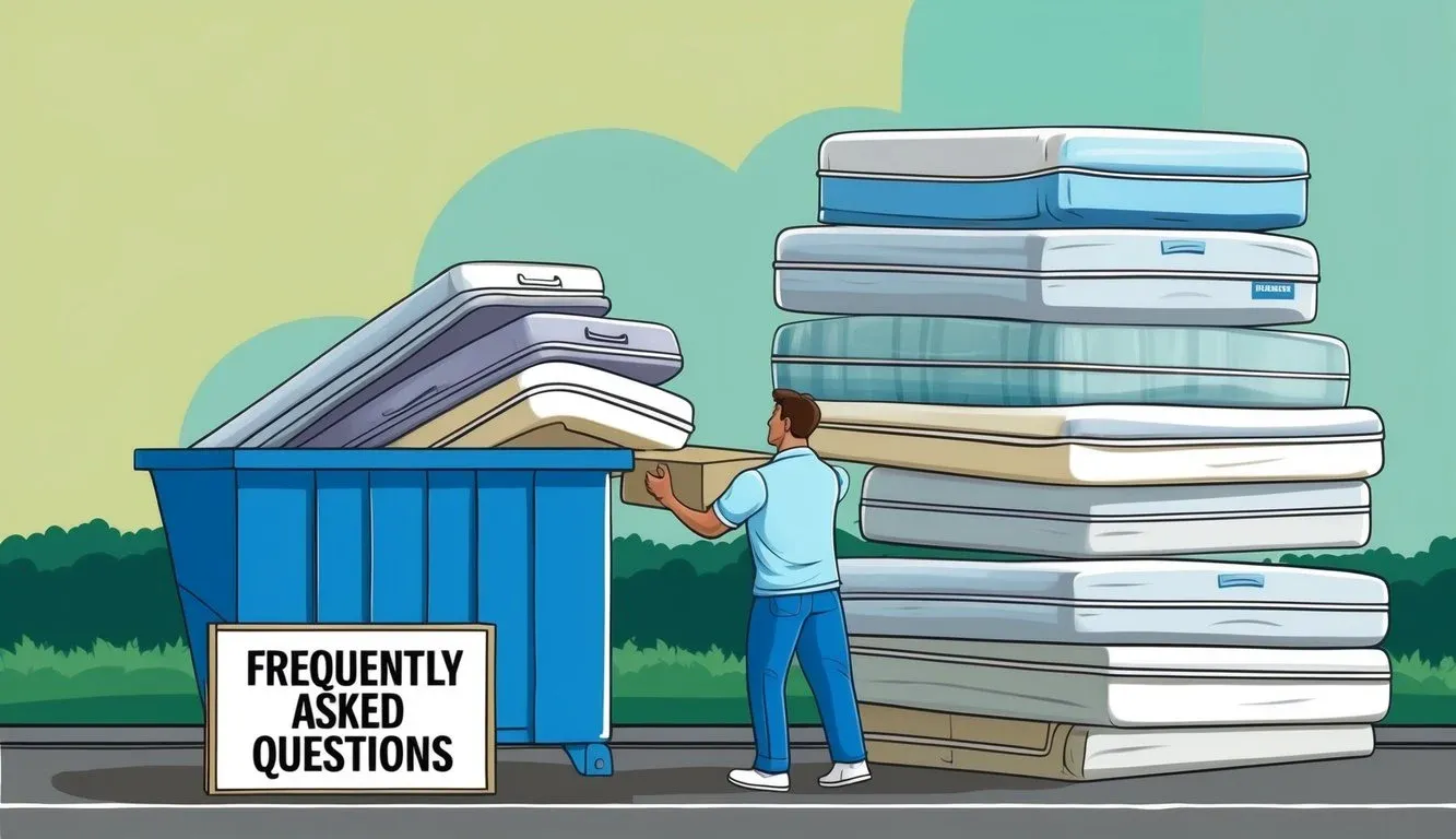 A pile of old mattresses stacked next to a dumpster, with a person dropping off a mattress and reading a sign with 