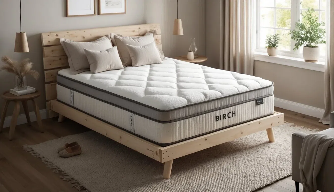 A cozy bedroom with a Birch mattress as the focal point, surrounded by soft, neutral-colored bedding and natural light streaming in from a window