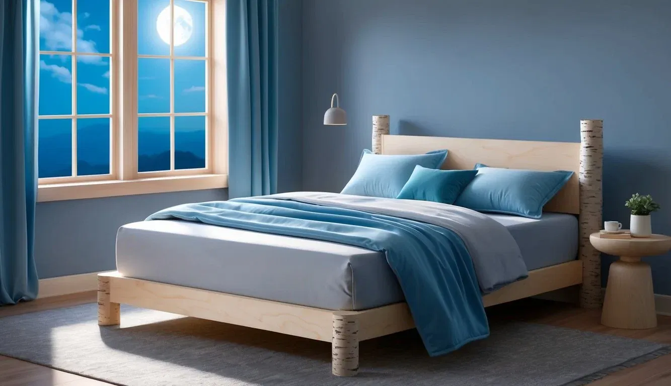 A peaceful bedroom with a birch mattress, soft pillows, and a cozy comforter. Moonlight streams through the window, casting a gentle glow on the sleeping area