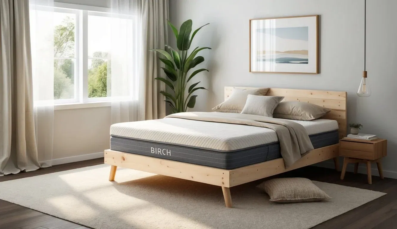 A cozy bedroom with a birch mattress placed on a wooden bed frame, surrounded by soft, neutral-colored bedding and natural light streaming in through the window