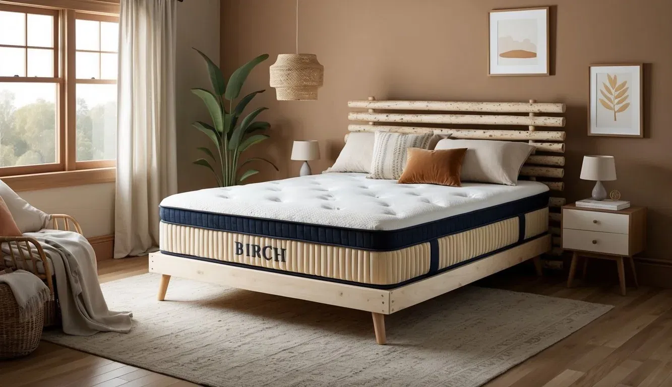 A cozy bedroom with a birch mattress as the focal point, surrounded by soft, neutral-colored bedding and a warm, inviting atmosphere