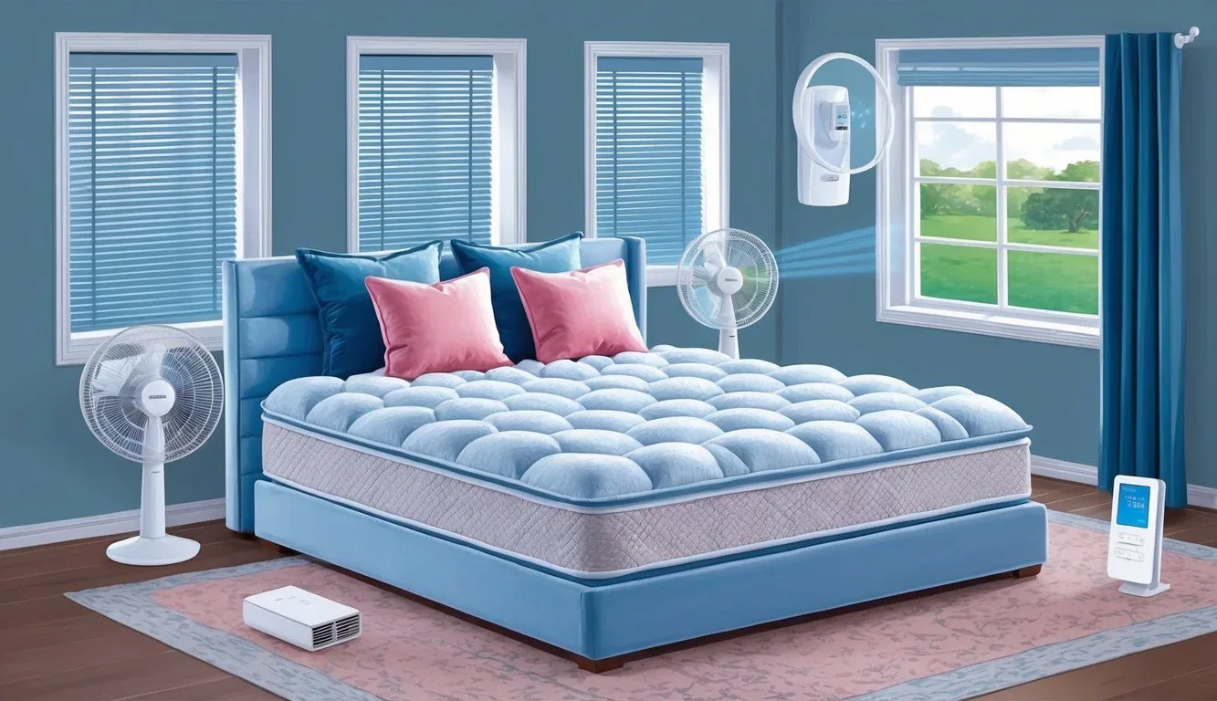 A cozy bedroom with a puffy lux mattress surrounded by temperature-regulating features like a fan, window blinds, and a thermostat