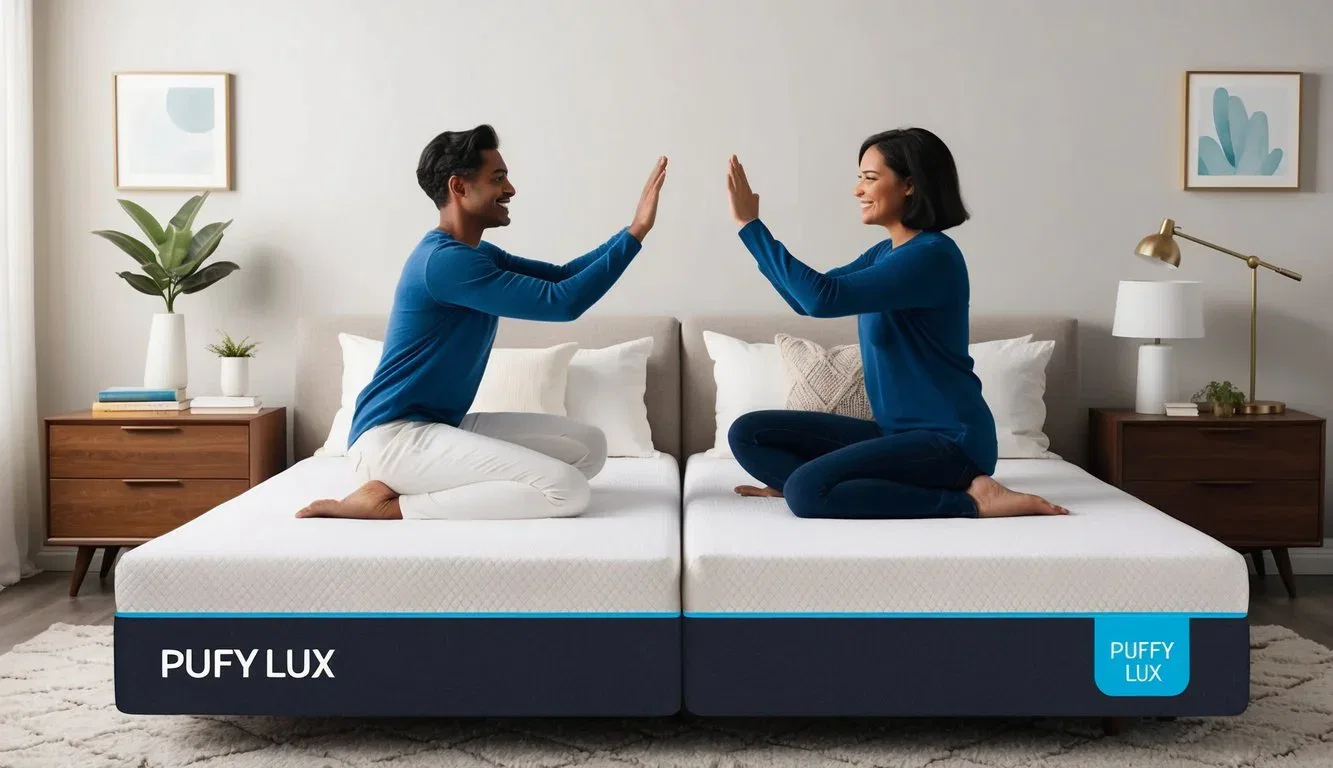 A couple sits on opposite sides of a Puffy Lux mattress, one bouncing while the other remains still, demonstrating its edge support and motion isolation