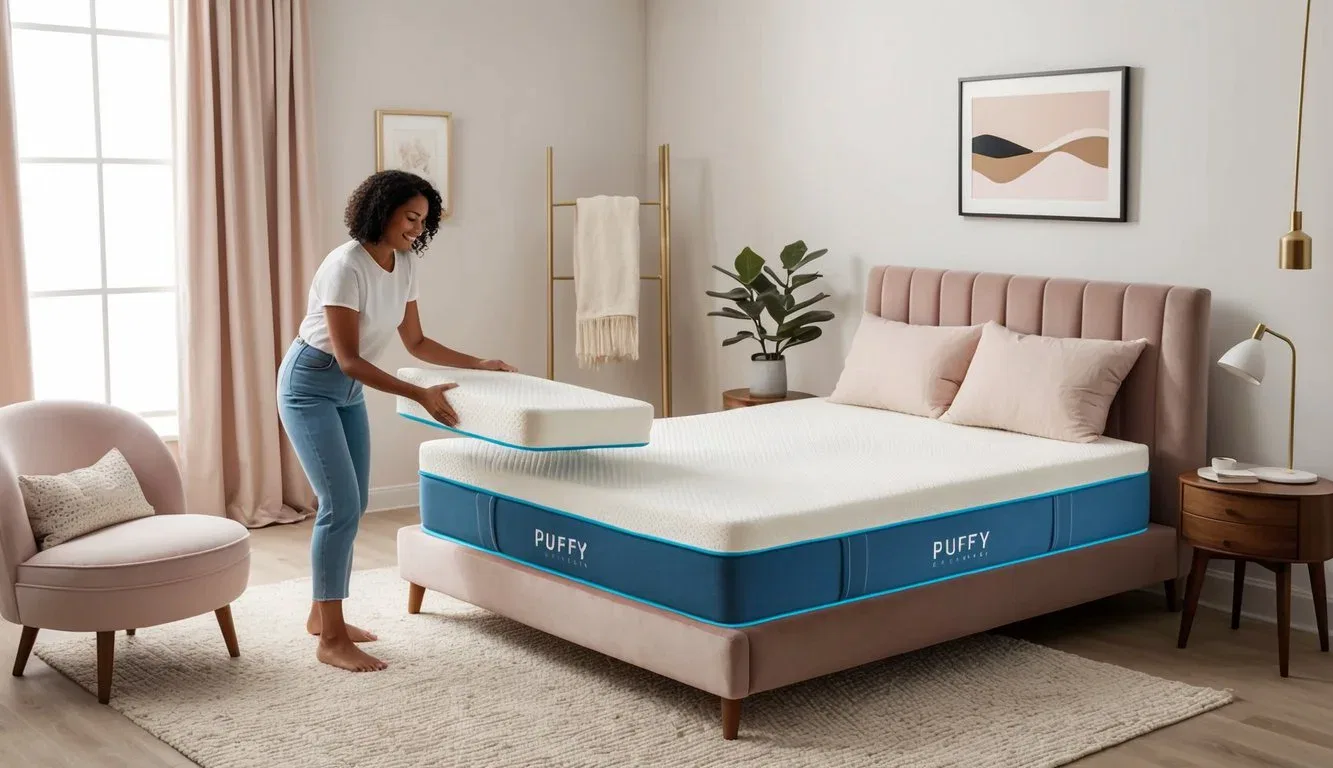 A puffy lux mattress being tested for durability and maintenance in a cozy bedroom setting with soft lighting and minimalistic decor