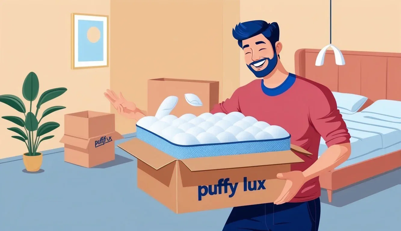 A customer unboxing a Puffy Lux mattress with a satisfied expression