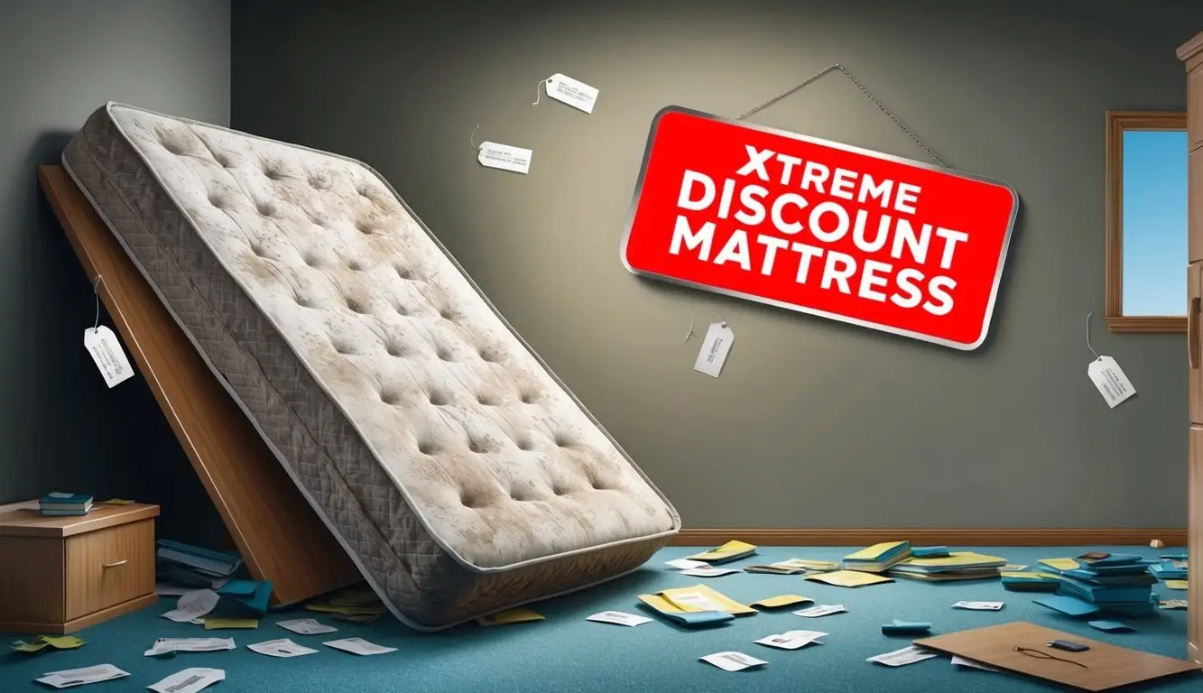 A cluttered bedroom with a large, worn-out mattress propped against the wall, surrounded by scattered price tags and a bright red 