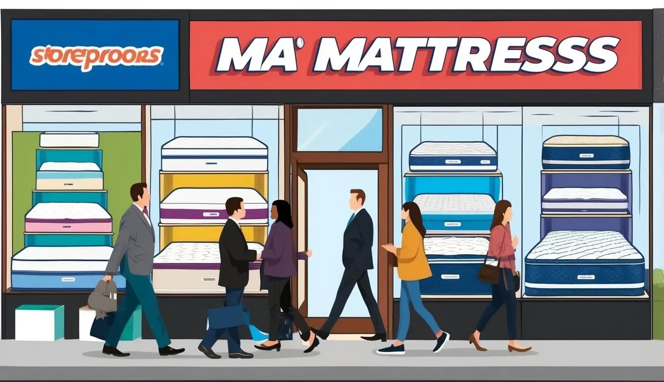 A storefront with a bold sign and colorful displays showcasing mattresses of all sizes and styles. A steady stream of customers entering and leaving the store