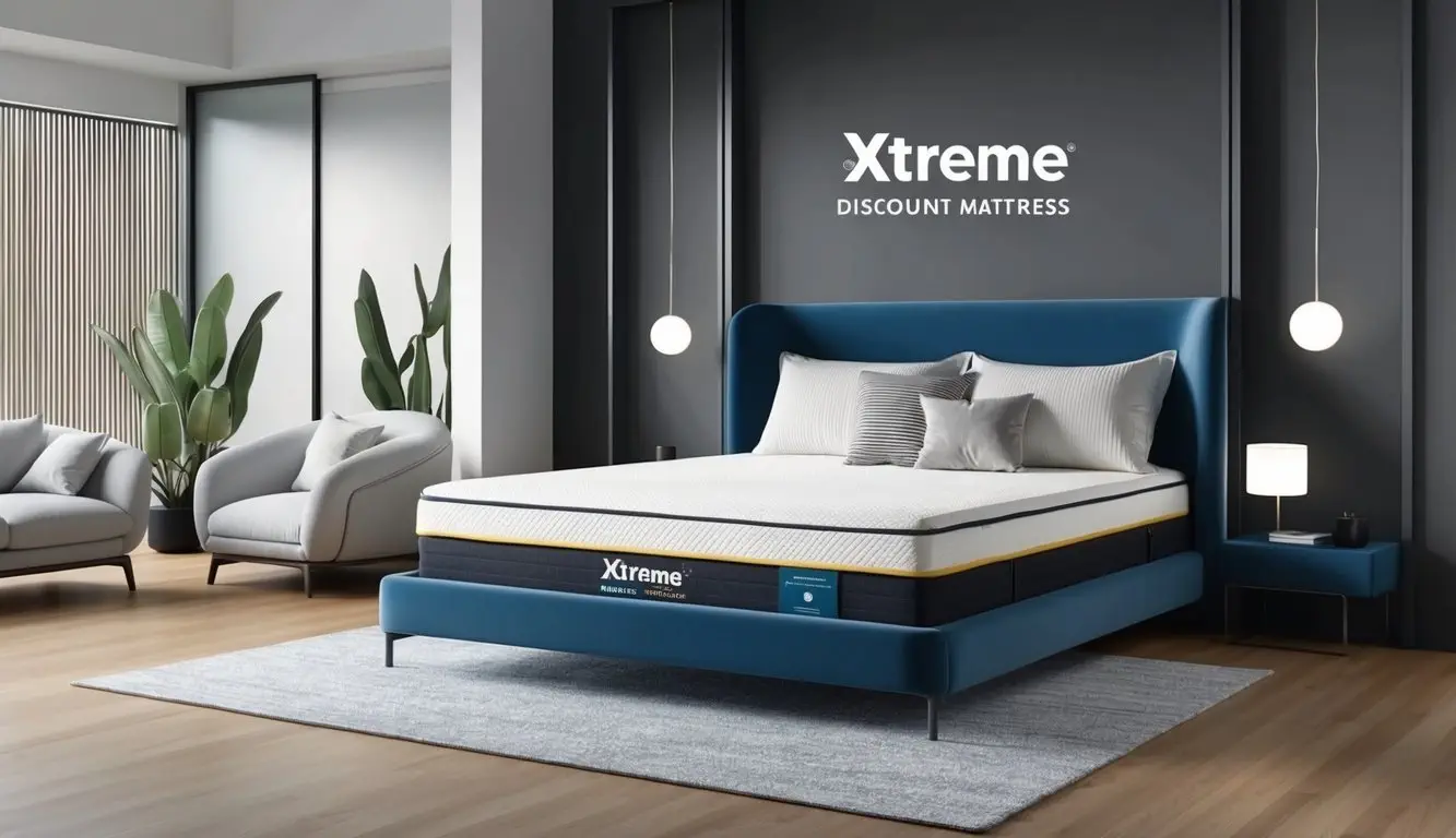 A bedroom with a modern, minimalist design featuring the Xtreme Discount Mattress product range displayed on a sleek, low-profile bed frame