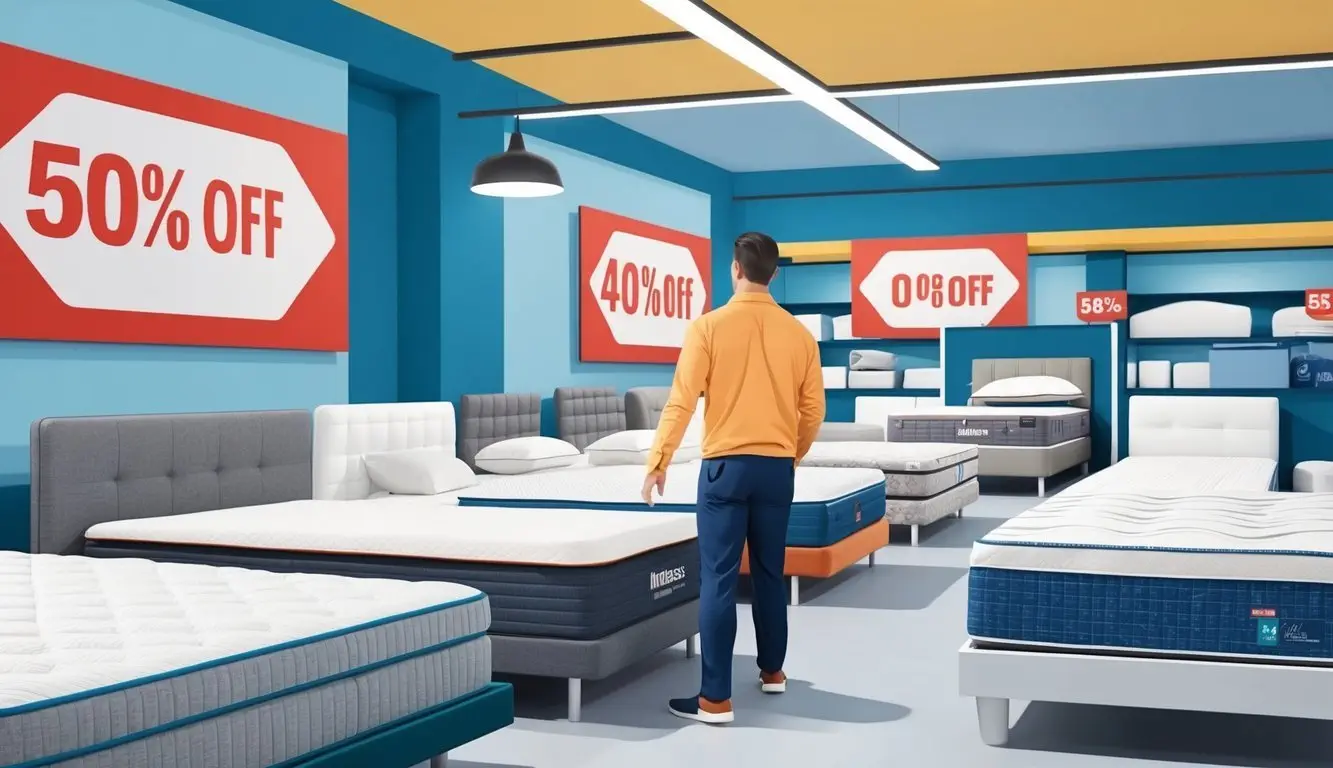 A customer browsing mattresses in a store with large discount signs and a variety of mattress options on display