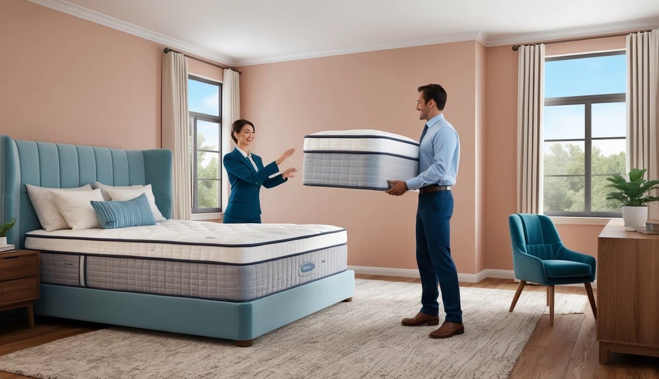 A cozy bedroom with a large, plush mattress and a customer service representative assisting a happy customer