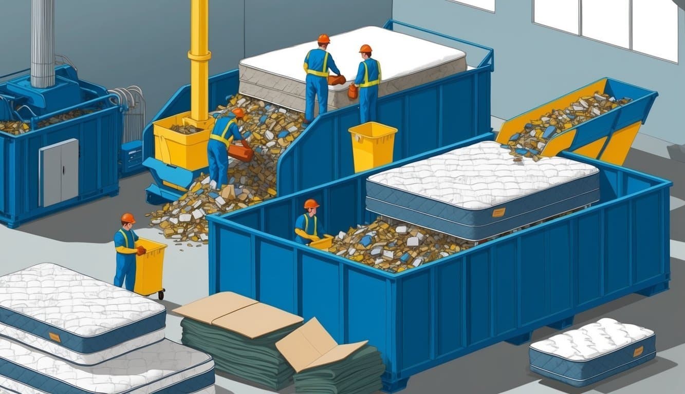 A recycling plant with workers sorting and processing used mattresses for Corporate Responsibility Xtreme Discount Mattress