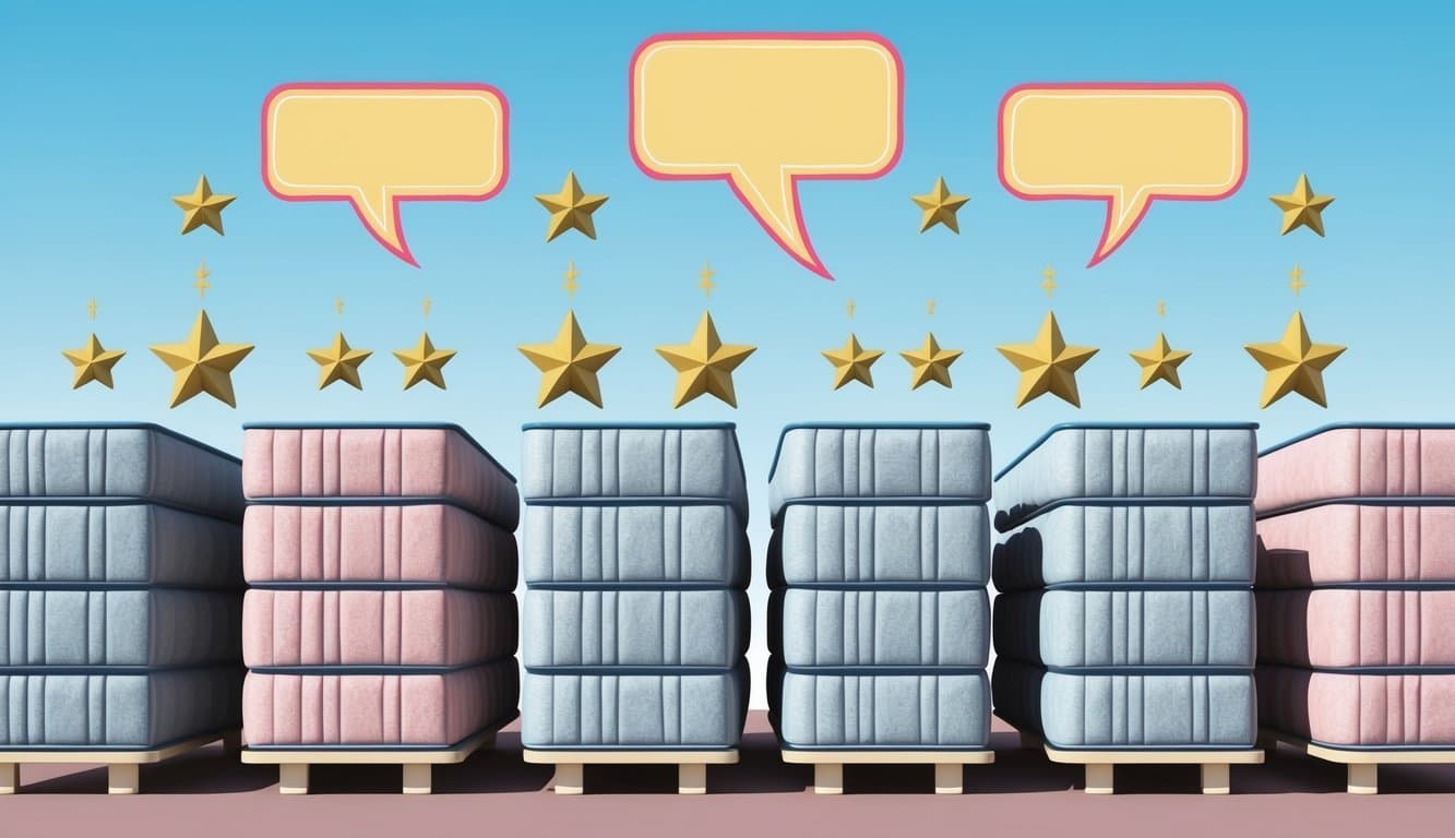 A row of mattresses with stars and speech bubbles above them
