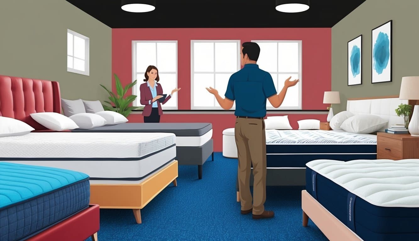 A customer browsing through various mattresses with a sales associate answering questions