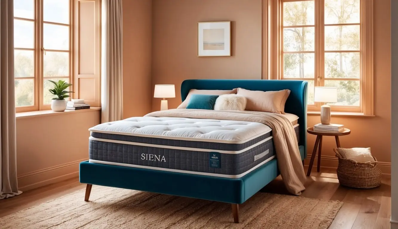A cozy bedroom with a Siena mattress, adorned with soft linens and fluffy pillows, bathed in warm, natural light streaming through a window