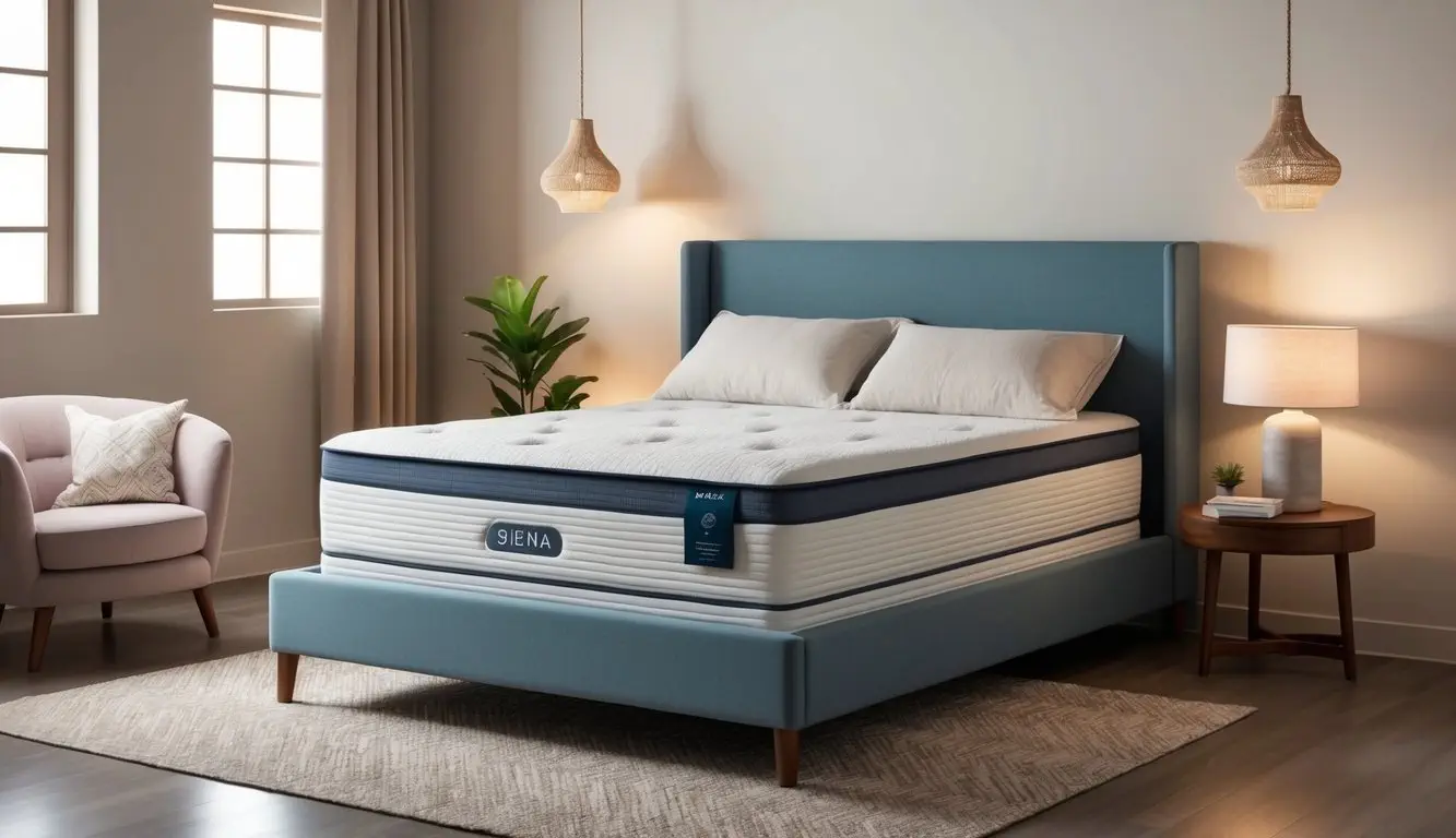 A serene bedroom setting with a neatly made bed featuring the Siena Mattress, surrounded by soft, ambient lighting and cozy decor