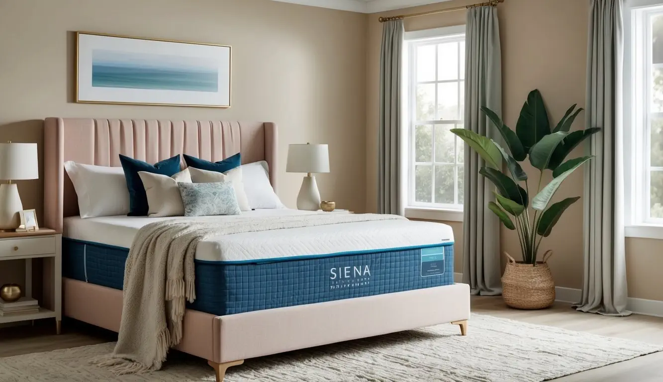 A serene bedroom with a Siena mattress, adorned with plush pillows and a cozy throw blanket. The room exudes comfort and relaxation