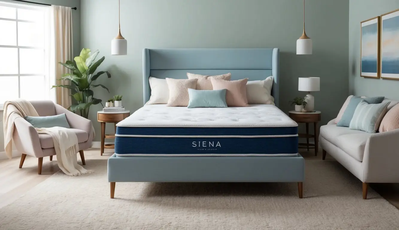 A serene bedroom with a Siena mattress as the focal point, surrounded by soft, calming colors and cozy bedding