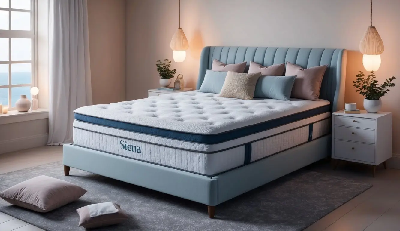 A serene bedroom with a Siena mattress as the focal point, surrounded by soft, ambient lighting and plush bedding, creating a cozy and inviting atmosphere