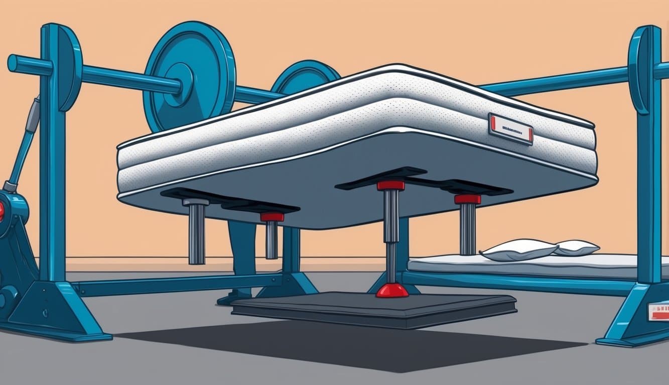 A sturdy mattress being tested under heavy weights and pressure to demonstrate its durability and support