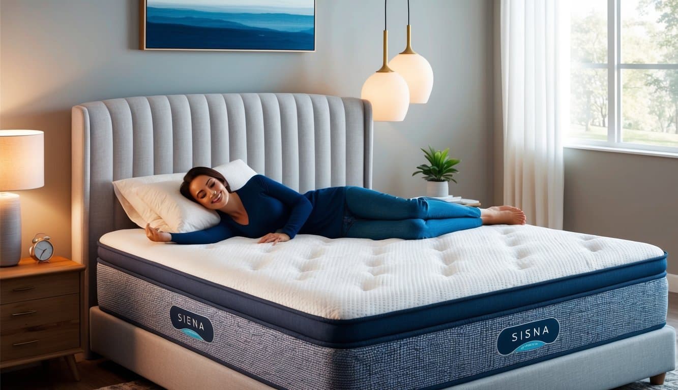 A customer lying on a comfortable Siena mattress, surrounded by a peaceful bedroom setting with soft lighting and a relaxed atmosphere