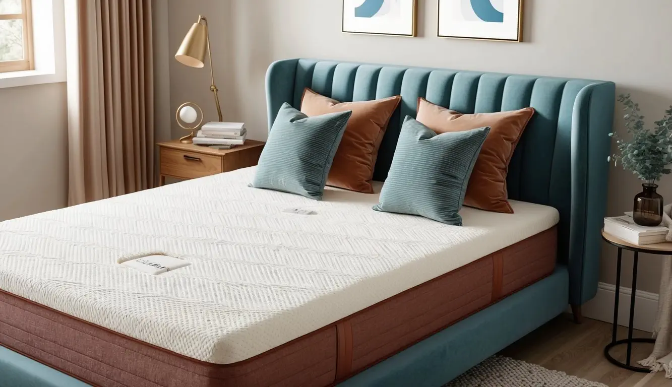 A cozy bedroom with a neatly made bed featuring a Siena mattress, accompanied by matching pillows and a soft throw blanket