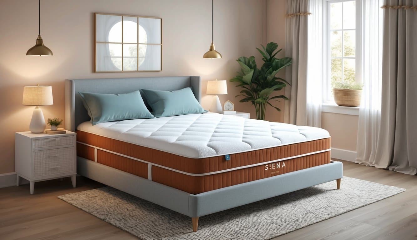 A serene bedroom with a neatly made bed, adorned with a Siena mattress. Soft lighting and cozy decor create a peaceful atmosphere