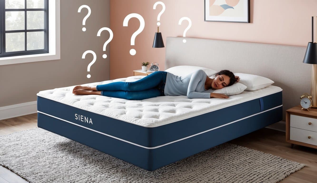 A person lying on a Siena mattress, surrounded by question marks and a review rating scale
