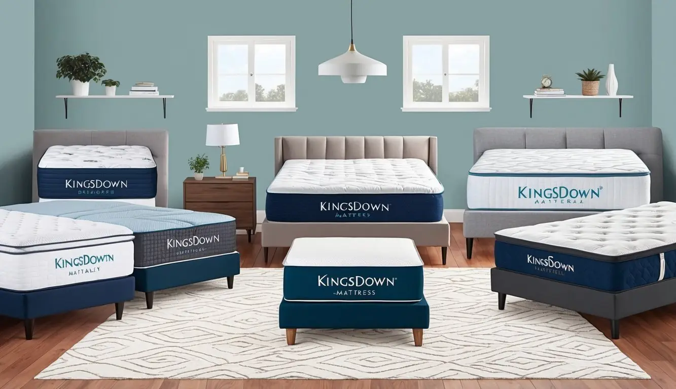 A bedroom with various Kingsdown mattresses displayed, each showcasing different types and features