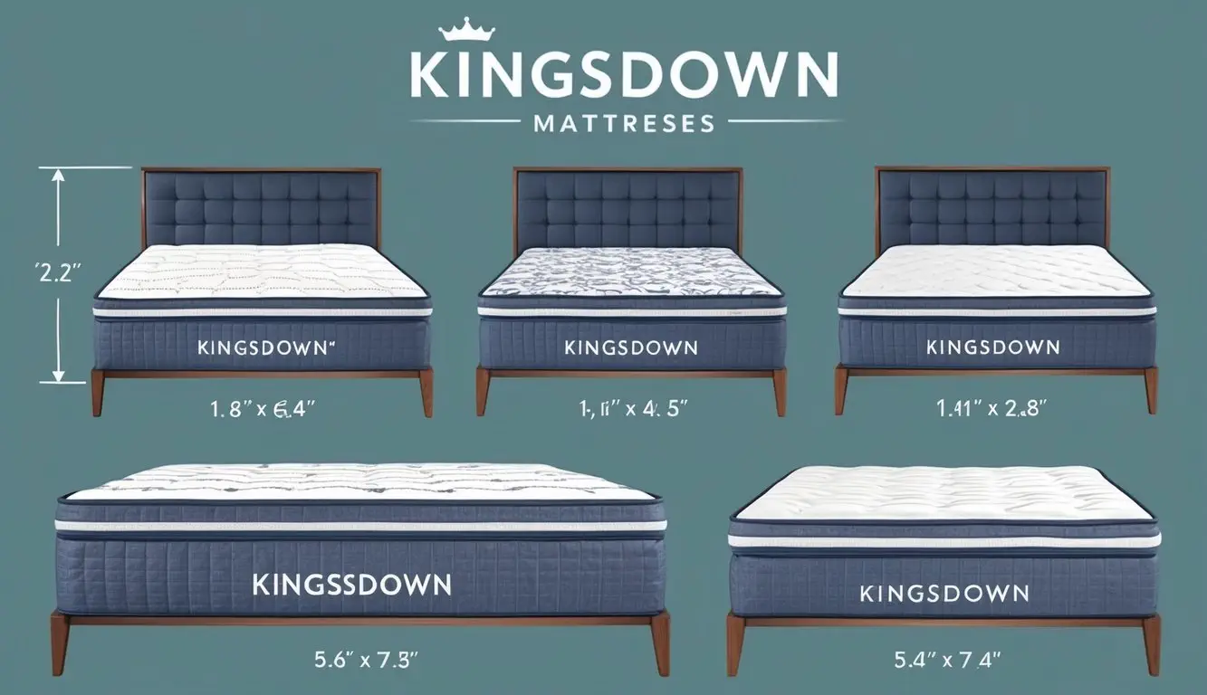 A variety of kingsdown mattresses displayed with different sizing and dimension options