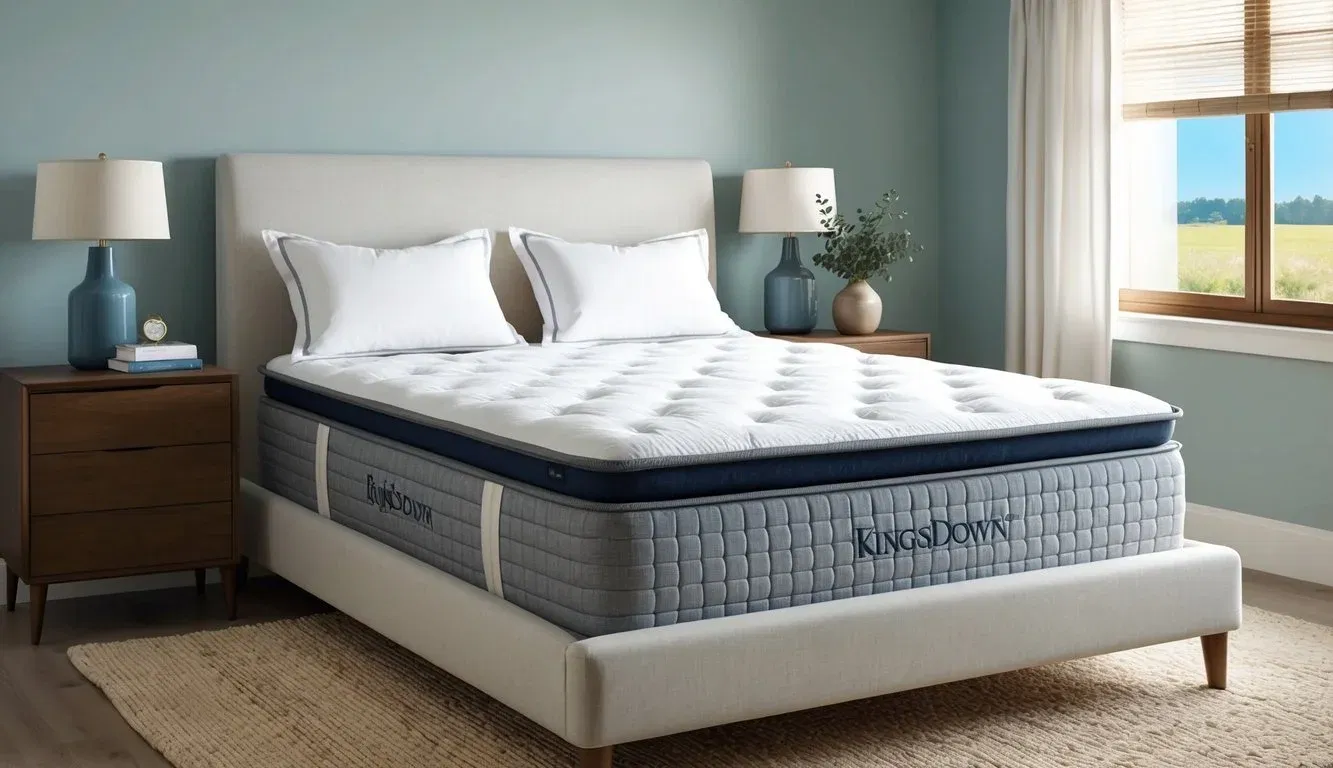 A serene bedroom with a neatly made bed showcasing a Kingsdown mattress, with a sense of comfort and firmness evident in the bedding