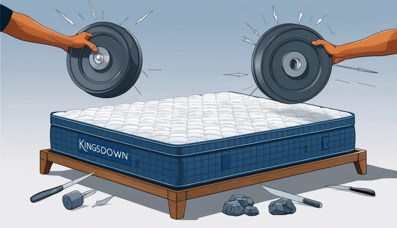 A Kingsdown mattress being put to the test with heavy weights and sharp objects, showcasing its quality and durability