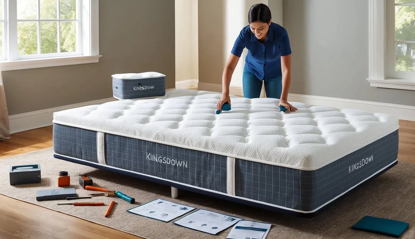 A person assembling a Kingsdown mattress in a well-lit room with tools and instructions spread out on the floor