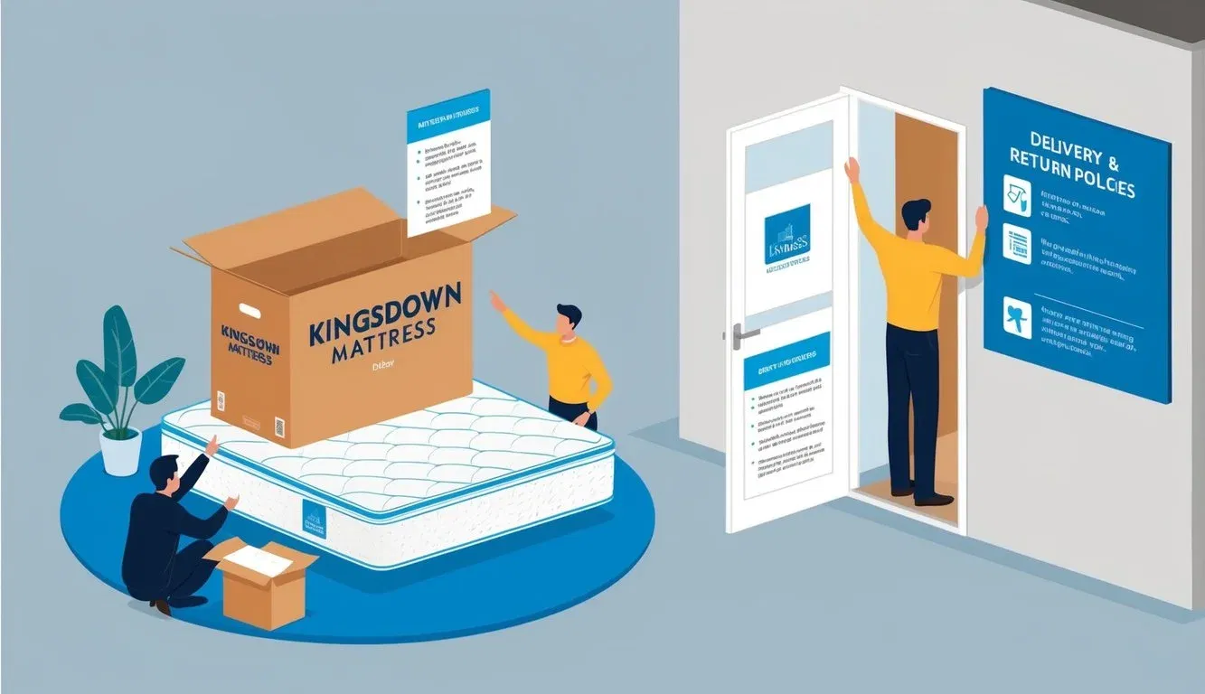 A customer unboxing a Kingsdown mattress, inspecting it, and then returning it to the store with the delivery and return policies visible