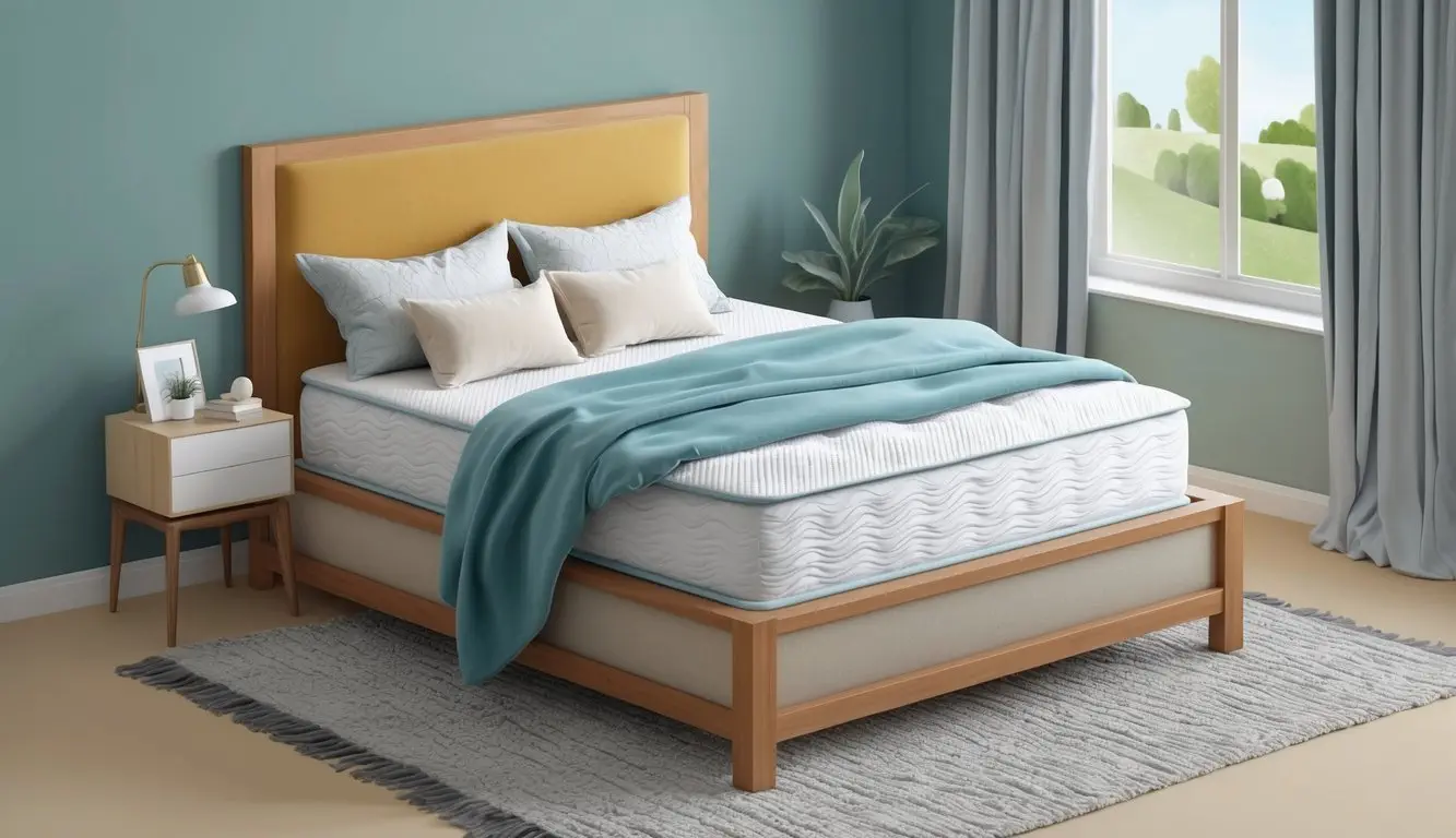 A peaceful bedroom with a Molblly mattress atop a sturdy bed frame, surrounded by soft pillows and a cozy blanket