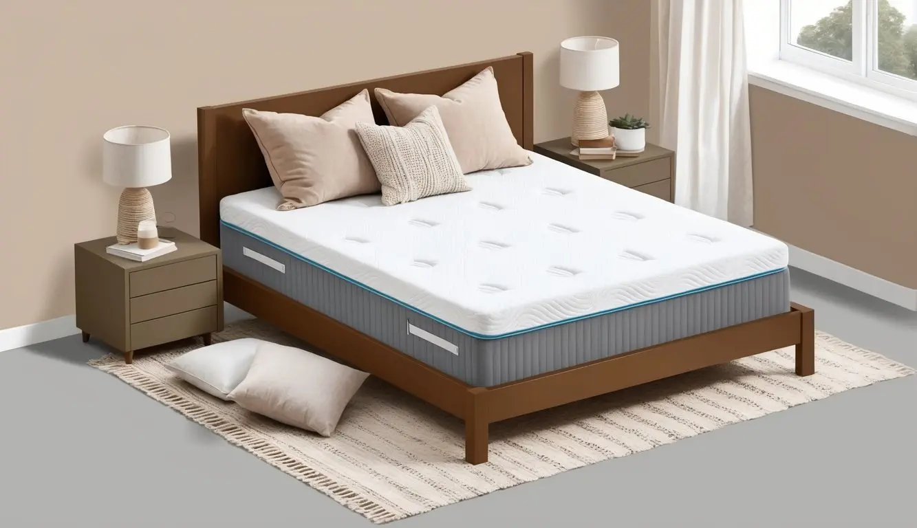 A cozy bedroom with a Molblly mattress on a sturdy bed frame, surrounded by soft, neutral-colored bedding and pillows
