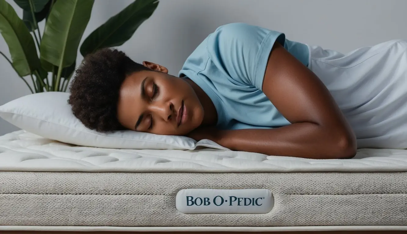 A person sleeping comfortably on a Bob O Pedic mattress, with a peaceful expression on their face