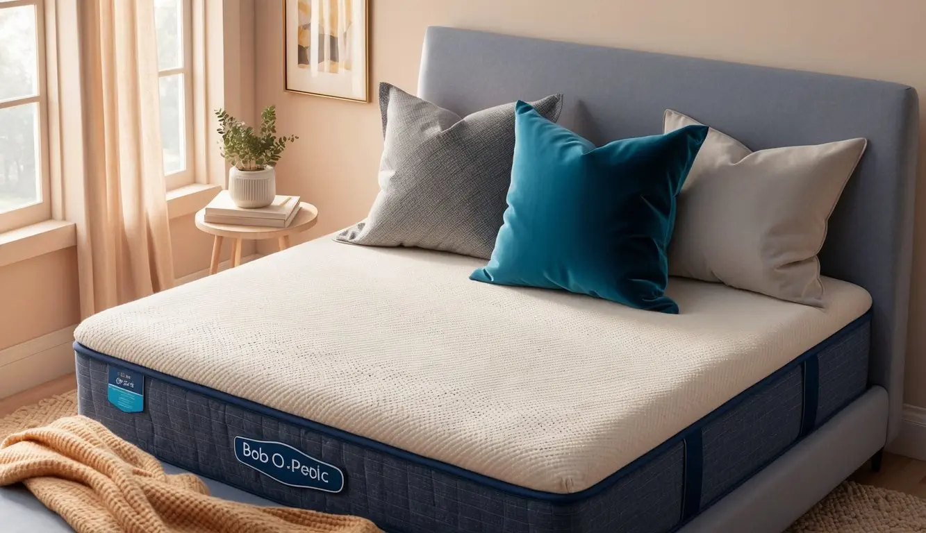 A cozy bedroom with a Bob O Pedic mattress as the focal point, surrounded by soft pillows and a warm blanket