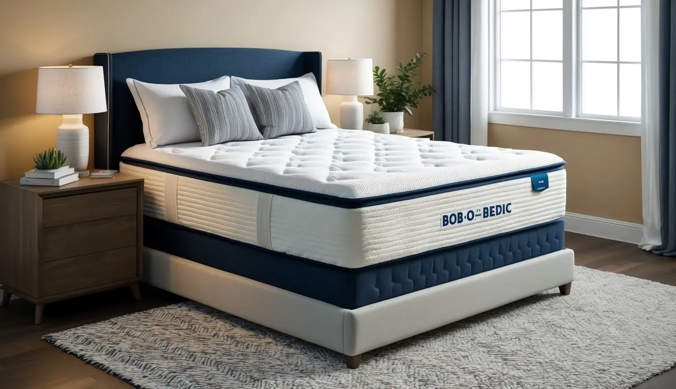 A cozy bedroom with a neatly made bed featuring a Bob-O-Pedic mattress, surrounded by supportive pillows and a plush comforter