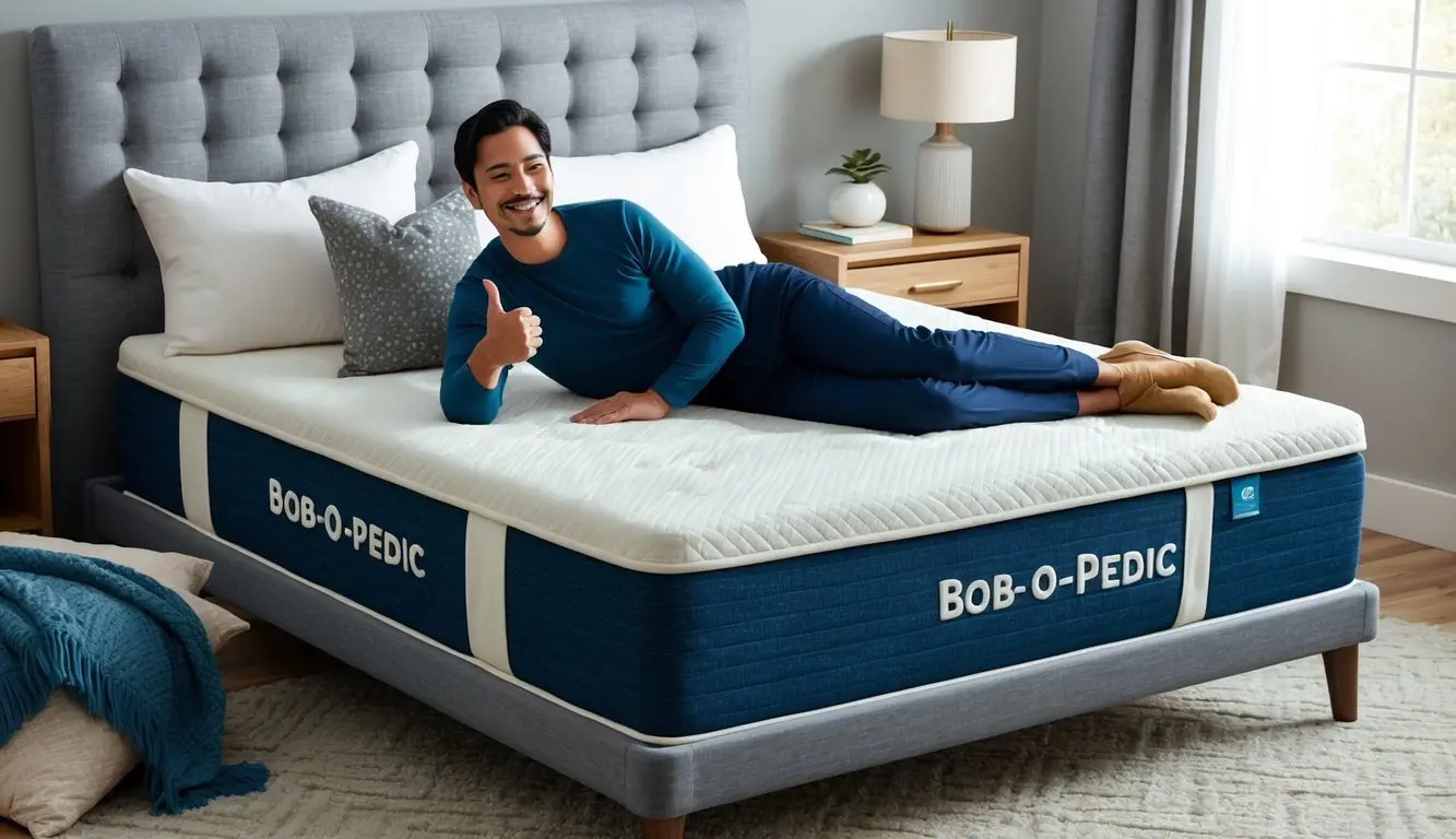 A customer lying on a Bob-O-Pedic mattress, smiling and giving a thumbs up gesture. The mattress is surrounded by a cozy bedroom setting with pillows and blankets