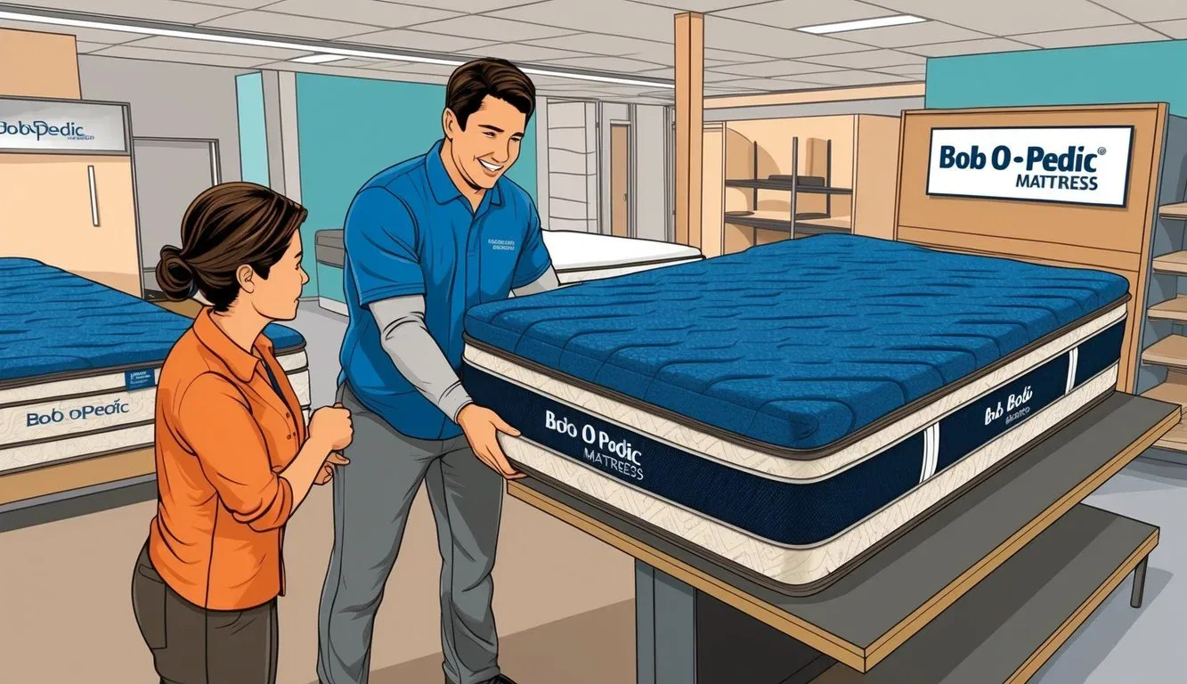 A customer returning a Bob O Pedic mattress to the store, with the mattress being inspected by a store employee