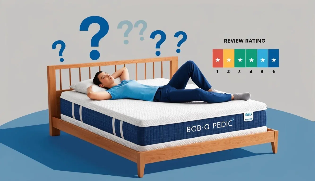 A person lying on a Bob O Pedic mattress, surrounded by question marks and a review rating scale