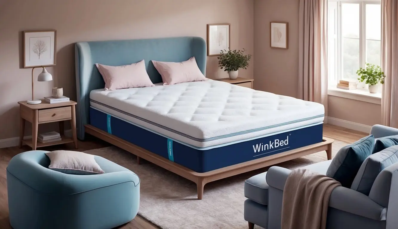 A cozy bedroom with a WinkBed mattress as the focal point, surrounded by soft, luxurious bedding and a peaceful, inviting atmosphere