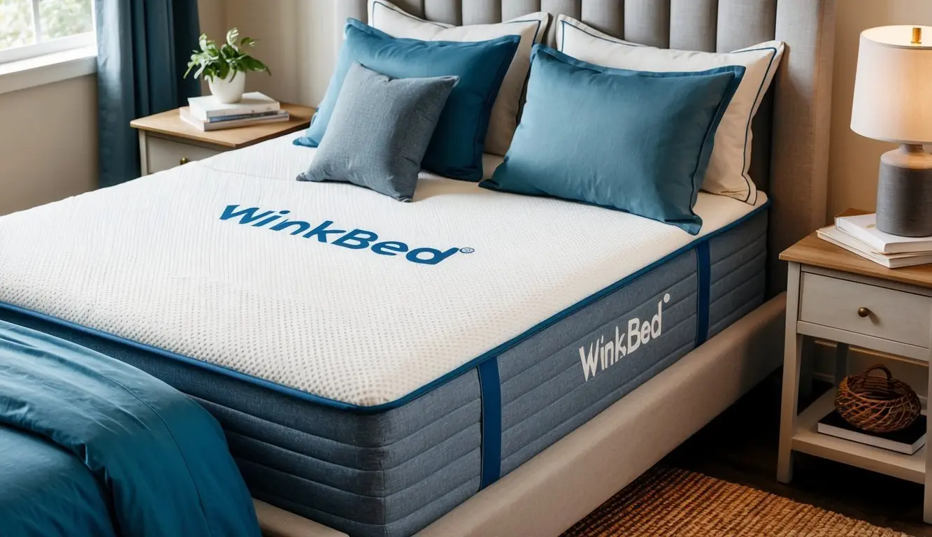 A cozy bedroom with a WinkBed mattress as the focal point, surrounded by high-quality bedding and pillows. A bedside table with a lamp and a book completes the scene