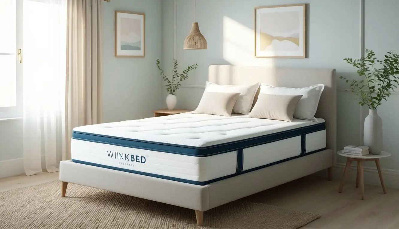 A serene bedroom with a neatly made bed, adorned with a WinkBed mattress. The room is bathed in soft, natural light, creating a cozy and inviting atmosphere