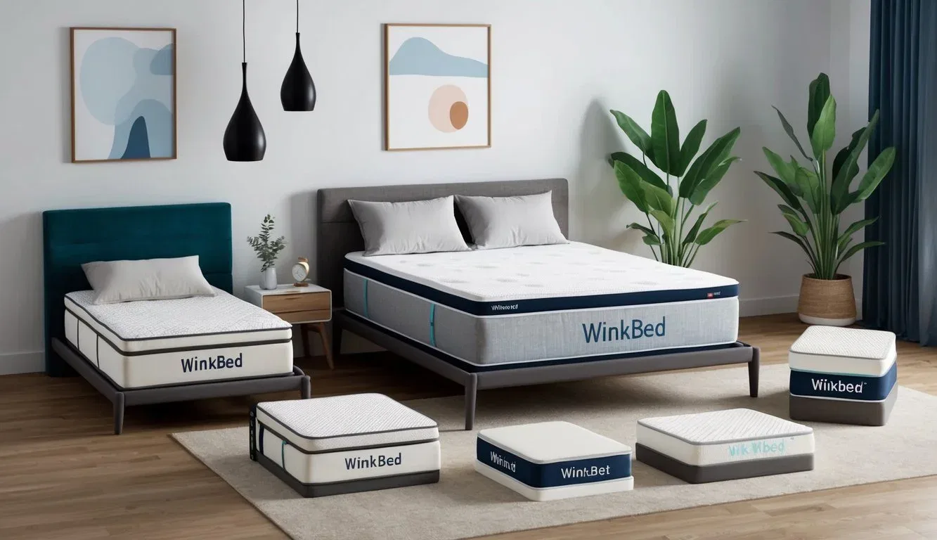 A bedroom scene with a WinkBed mattress displayed in various firmness options and product varieties