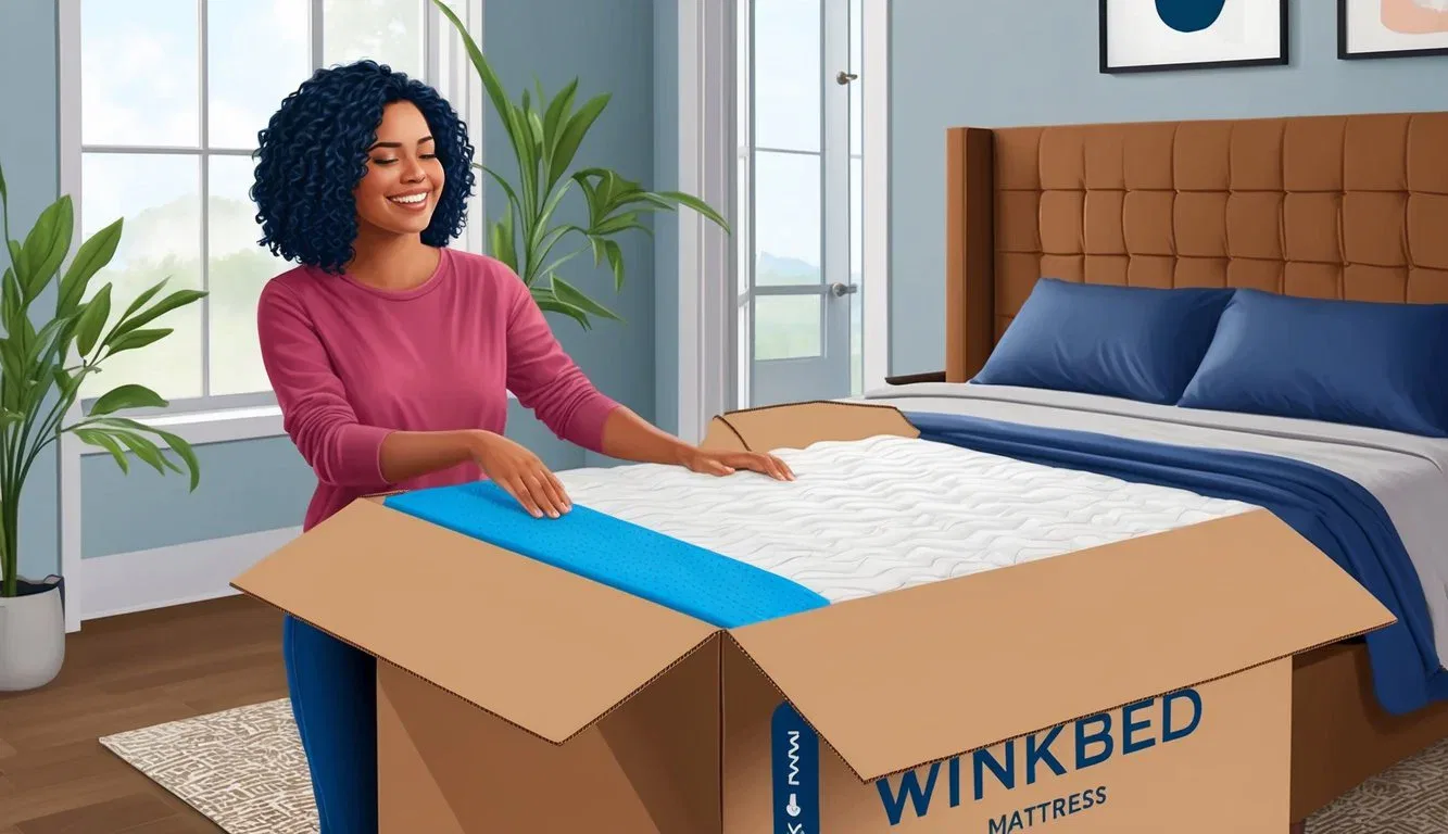 A person unboxing a WinkBed mattress, smiling with satisfaction