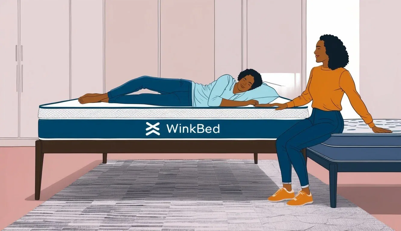 A person lying on a WinkBed mattress, with a second person sitting on the edge, comparing it to another mattress