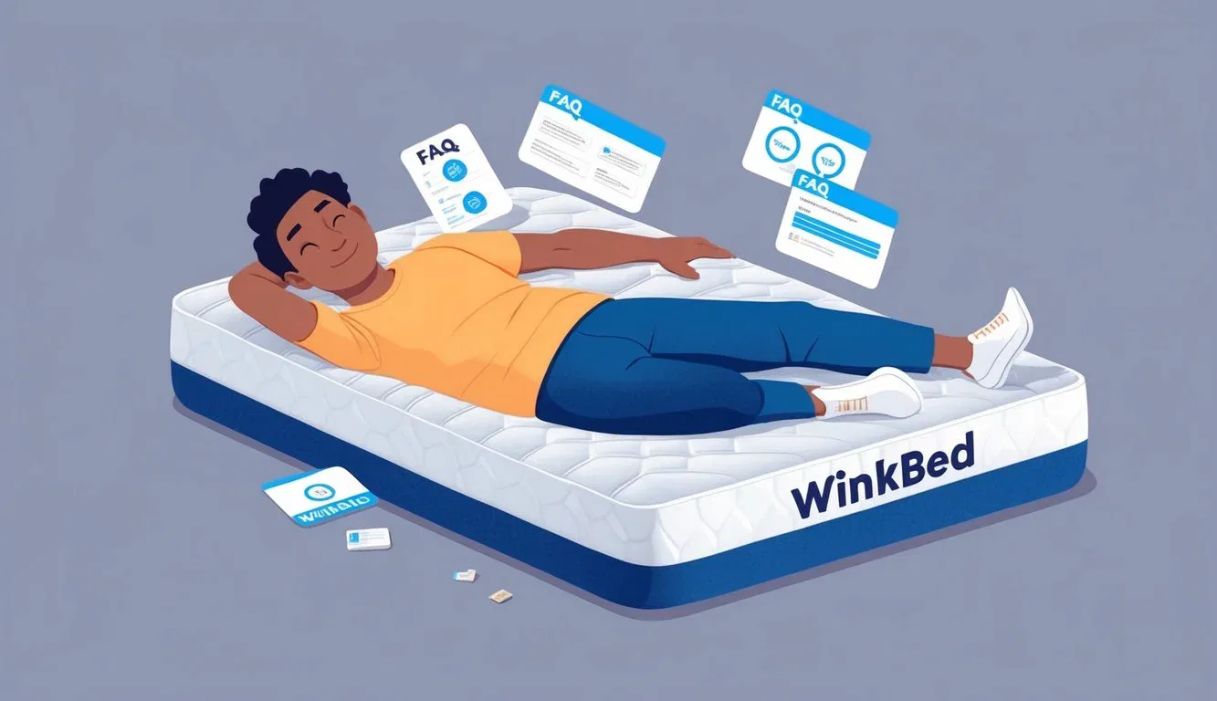 A person lying comfortably on a WinkBed mattress, surrounded by various FAQ cards and a satisfied expression