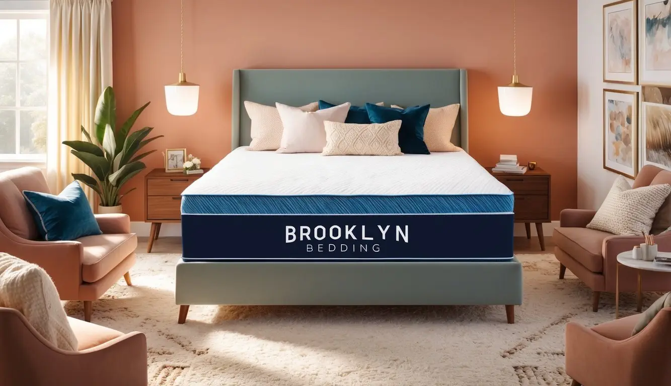 A cozy bedroom with a Brooklyn Bedding mattress as the focal point, surrounded by soft pillows and a warm, inviting atmosphere